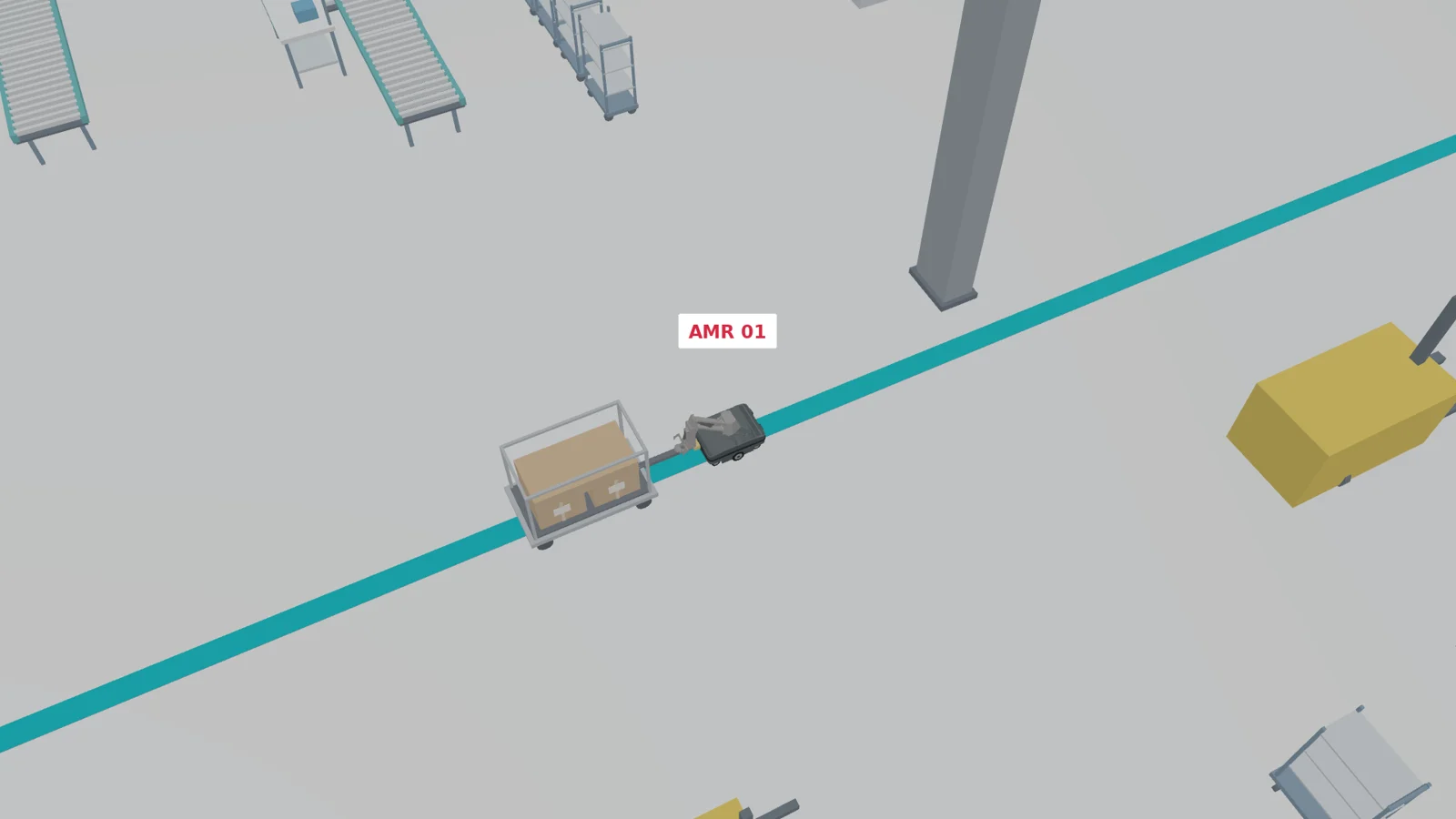 An AMR towing a supported carton trolley along a proposed route in the workshop
